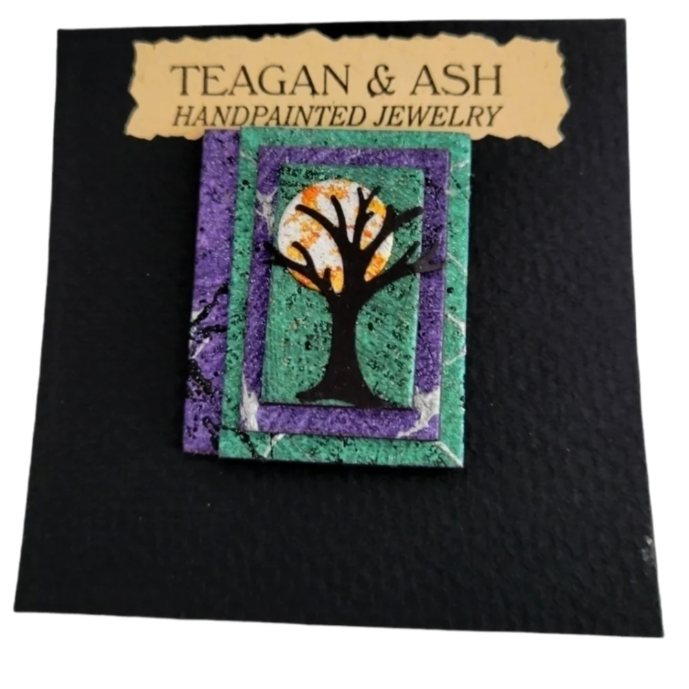 NWT Teagan & Ash Handpainted Paper Resin Pin, Moon Scene